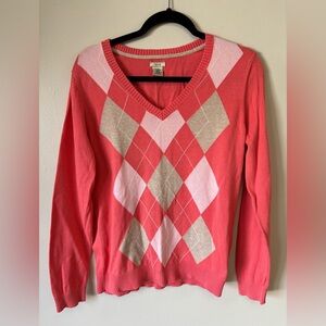 Izod V-Neck Argyle Preppy Cotton Sweater Coral, Pink & Tan, Unisex size L